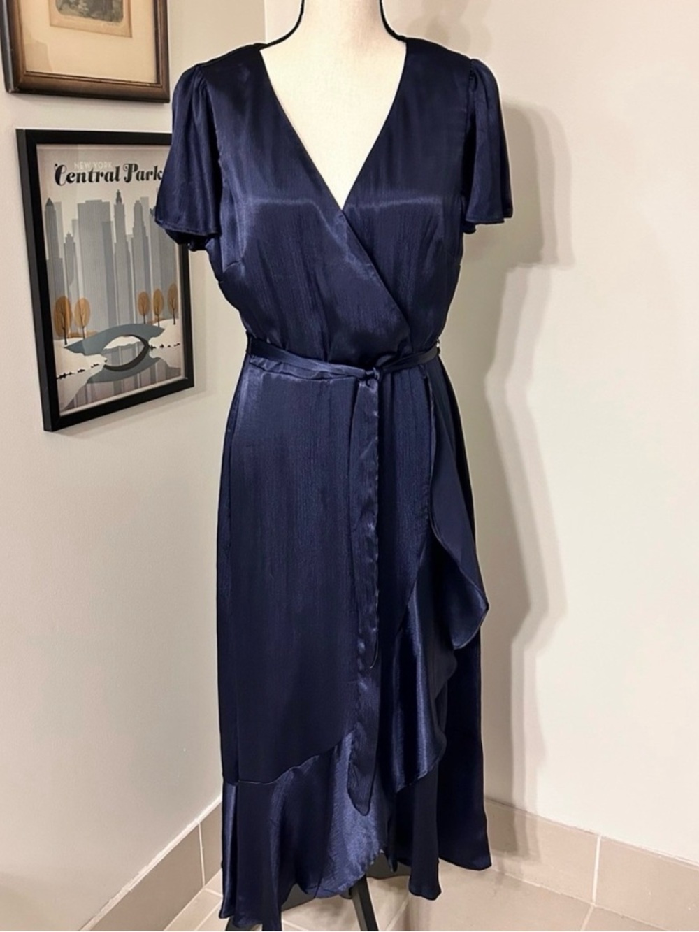 Nicole Miller Blue Ruffled Wrap Midi Dress with Flutter Sleeves SZ 12
